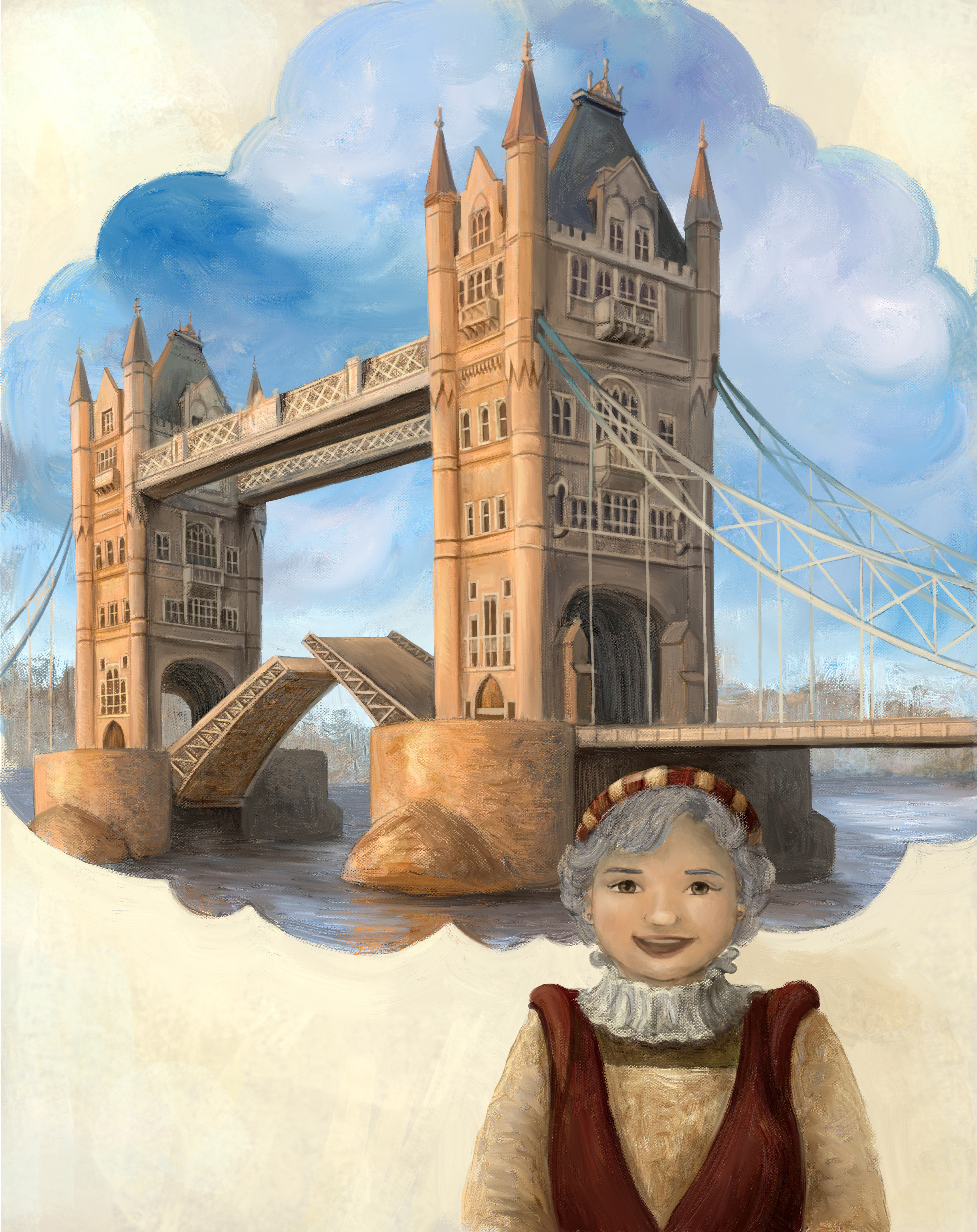 Finished full color artwork of Tower Bridge inside a thought bubble, from 'A Globe Within a Globe'.
